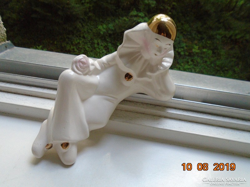 Art deco pierrot (sad clown) with rose, hand-painted, gilded porcelain