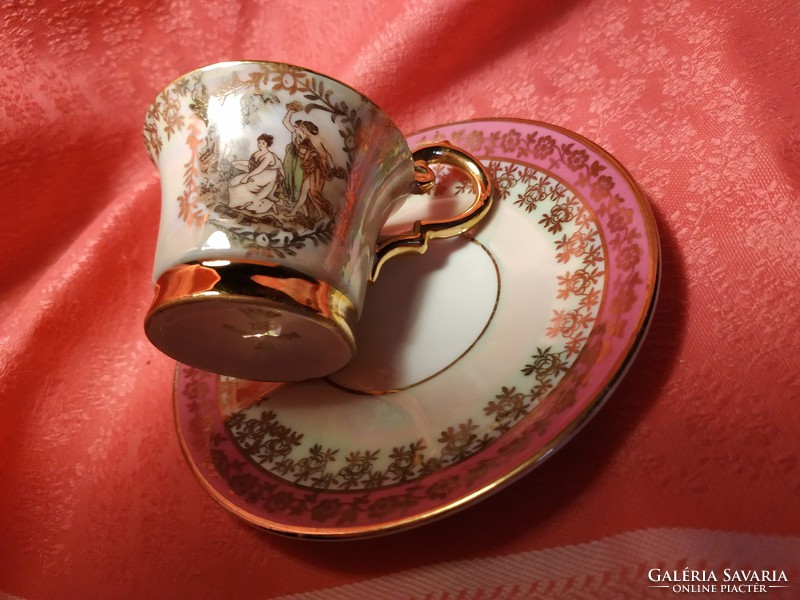 Eosin, hinged scene, gilded porcelain coffee cup with bottom.