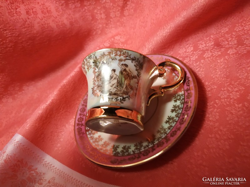 Eosin, hinged scene, gilded porcelain coffee cup with bottom.