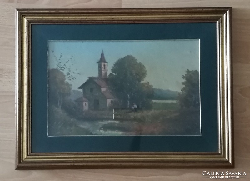 Tájkép templommal, olaj, fa 47x63 cml.( olasz v osztrák festő ) -