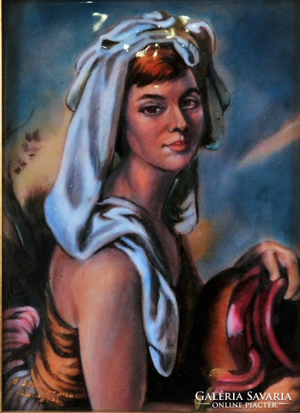 Női portré, " FJ Carmona" jelzéssel, zománc