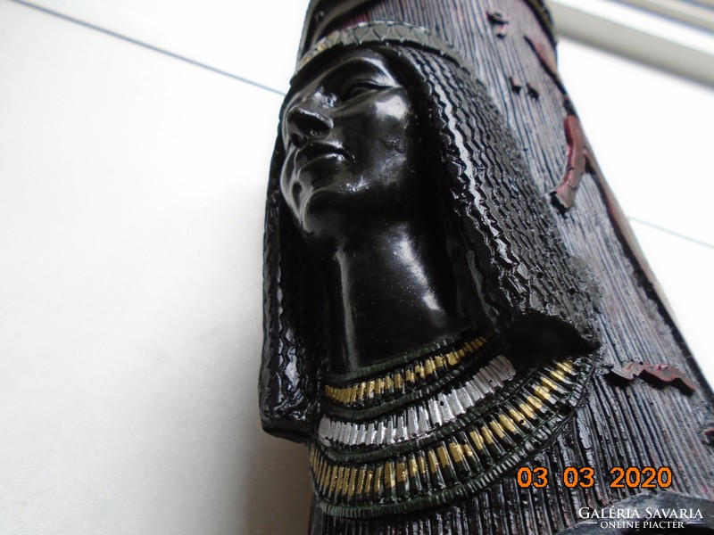Igényes művészies EBONIZÁLT FARAGOTT FESTETT FA NŐ ÉS FÉRFI BÜSZTTEL váza egyiptomi istenségekkel