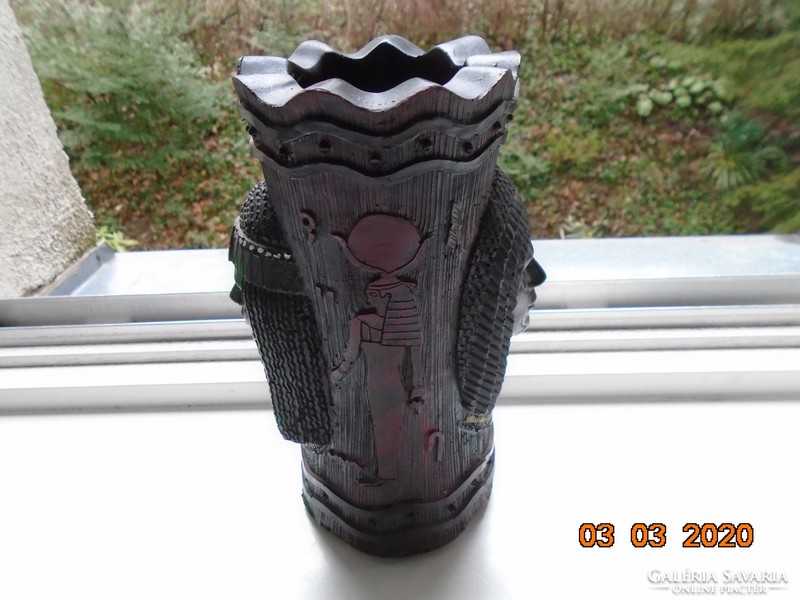 Fine artistic ebonized carved painted wooden vase with female and male busts with Egyptian deities