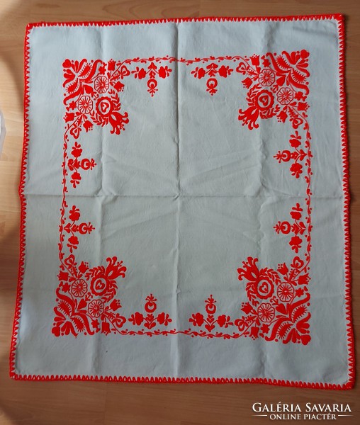 Natural color linen tablecloth decorated with hand-embroidered ethnographic patterns, tablecloth