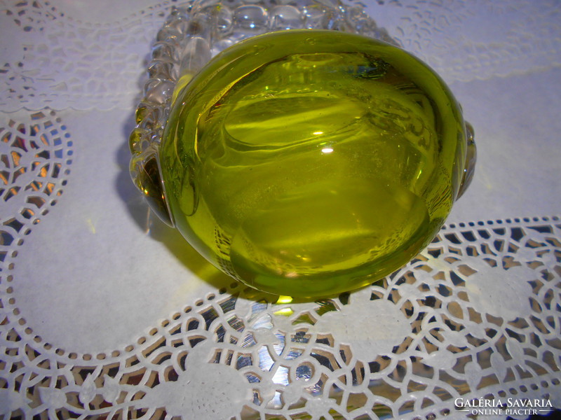Uranium green colored thick glass basket candy dispenser - beautiful handcrafted, solid piece.