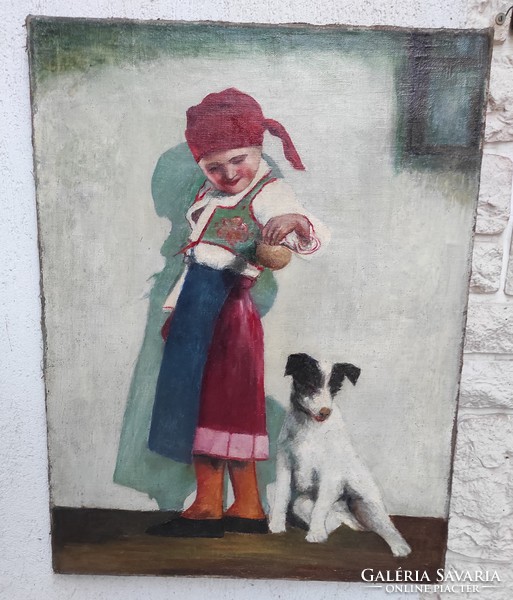 Beautiful antique painting in beautiful colors, little girl with dog (terrier) fox.