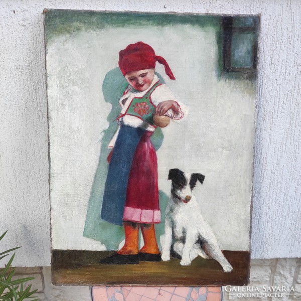Gyönyörű antik festmény szép színek,kislàny kutyàval(terrier) Foxi.