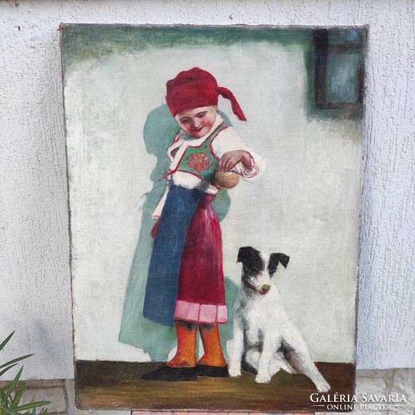 Beautiful antique painting in beautiful colors, little girl with dog (terrier) fox.