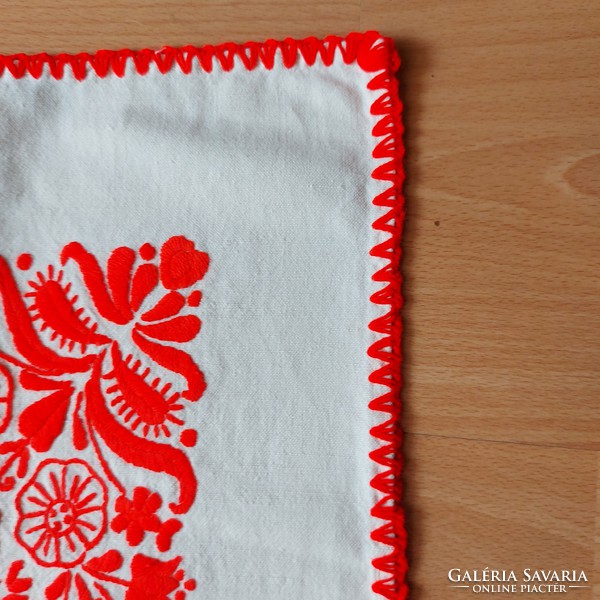Natural color linen tablecloth decorated with hand-embroidered ethnographic patterns, tablecloth