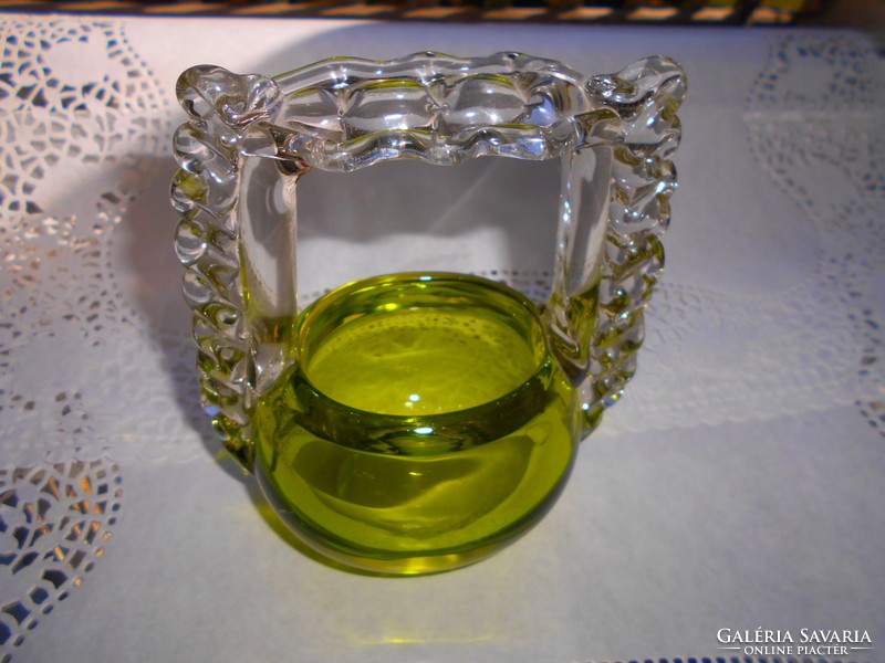 Uránzöld színű vastag üvegkosár  édességkínáló - szép kézműves, masszív darab.