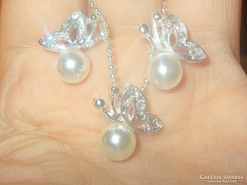 Butterfly pearl necklace pendant earrings white gold gold filled jewelry set