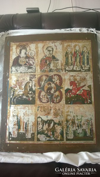1800-as évek ! Nagyméretű Antik ünnepi orosz ikon 9 képi ábrázolás 44x36 cm