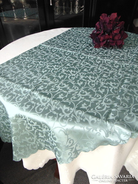 Álomszép elegáns olajfazöld selyemdamaszt asztalterítő 136 x 280 cm ! ovális
