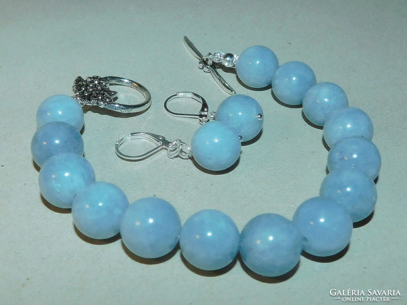 Aquamarine Pearl Bracelet and Earrings Jewelry Set - Ornate Flower Clasp