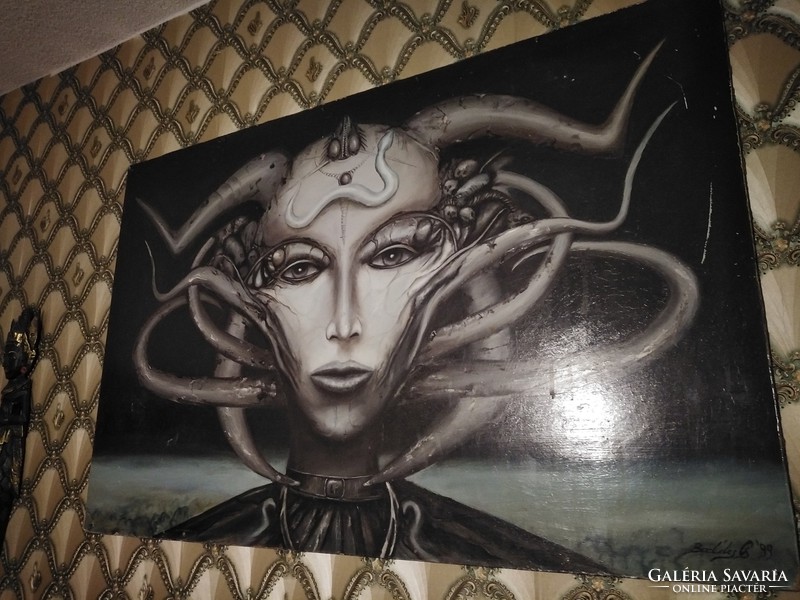 After H. R. Giger, a painting of an alien, brutally good, alien mystical creature, 99 x 66 cm