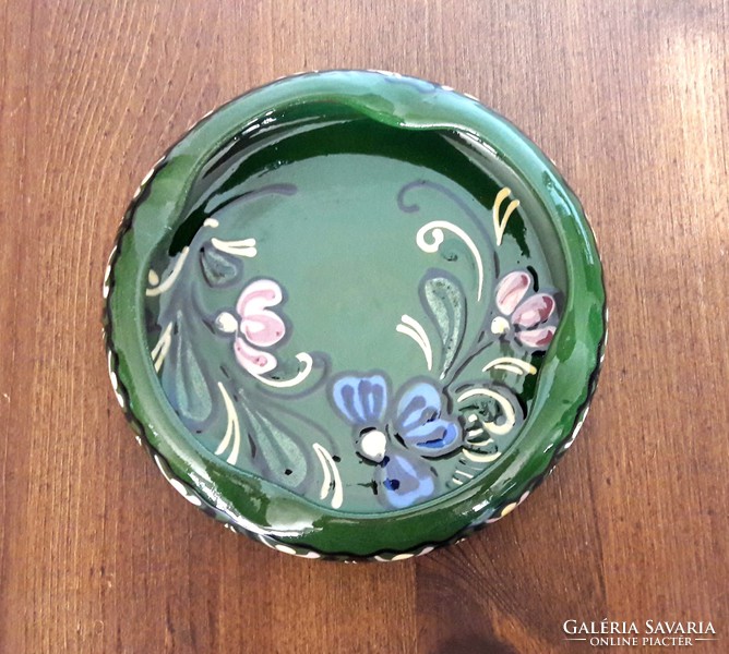 Hand painted, folk motif, ceramic, glazed ashtray in perfect condition, marked