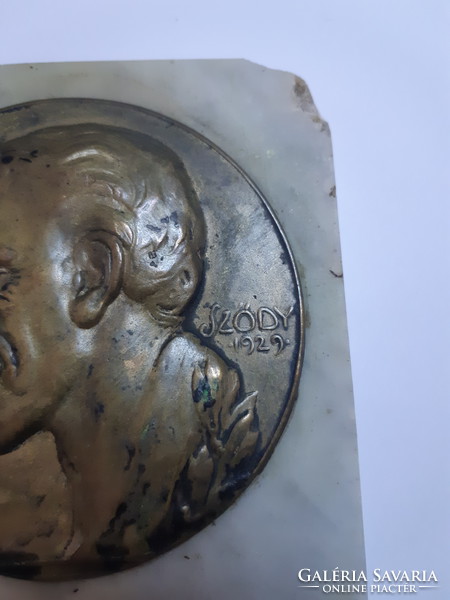 Jelzett Sződy Szilárd: Gárdonyi Géza bronz emlékplakett 1929 márvány lapon