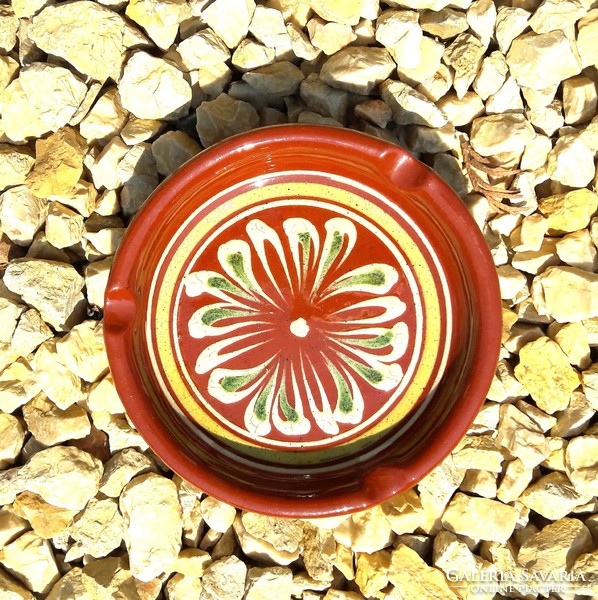 Hand-painted, folk motif, ceramic, glazed ashtray in perfect condition