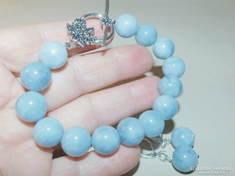 Aquamarine Pearl Bracelet and Earrings Jewelry Set - Ornate Flower Clasp