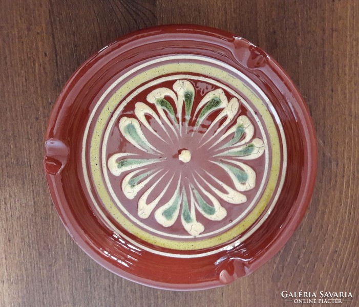 Hand-painted, folk motif, ceramic, glazed ashtray in perfect condition