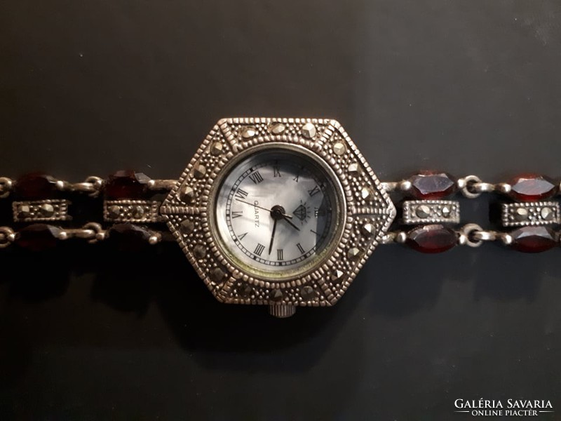 Silver, garnet and marcasite stone watch, 1970s