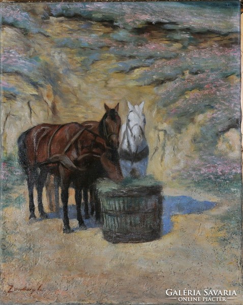 Zombory Lajosnak tulajdonítva (1867-1933): Szénát legelésző lovak