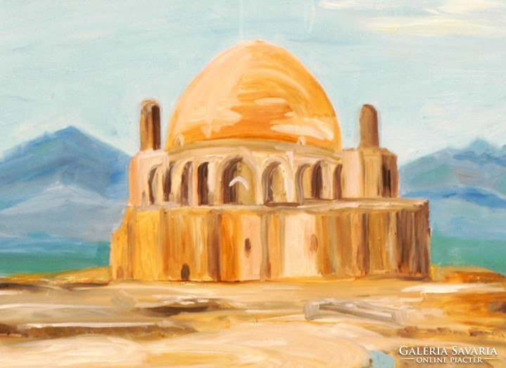 B. O.: Görög templom, háttérben hegyekkel - olajfestmény, keretezve