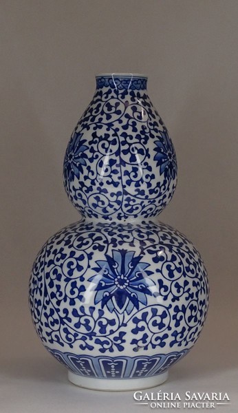 1F724 Jingdezhen jelzett kék fehér tök formájú porcelán váza 29.5 cm