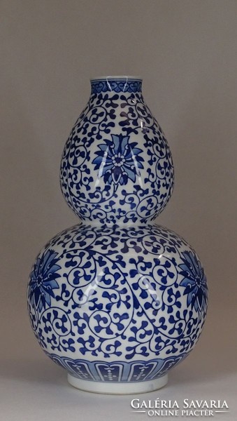 1F724 Jingdezhen jelzett kék fehér tök formájú porcelán váza 29.5 cm