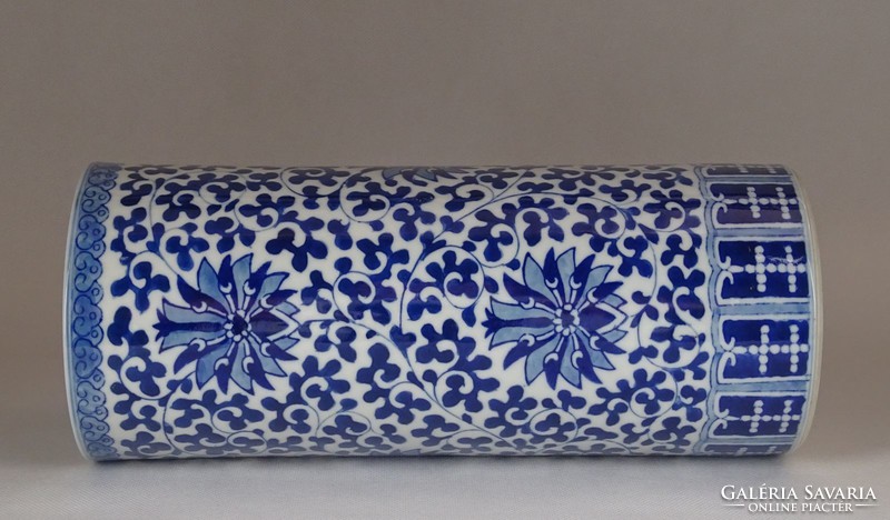 1F725 Jingdezhen jelzett kék fehér egyenes porcelán váza 28 cm