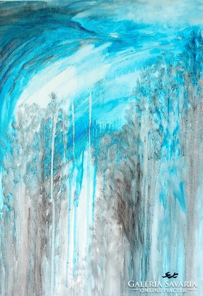 Kata Szabo: "winter landscape" / abstract / watercolor painting, canvas, 70 x 50 cm, signed