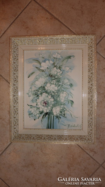 Bánkúti Gertrud: Fehér virágok gyönyörű fehér/arany keretben