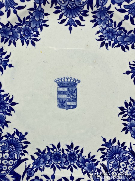 Antique Gien faience faience plate decorated with a French cobalt blue pattern and ducal coat of arms