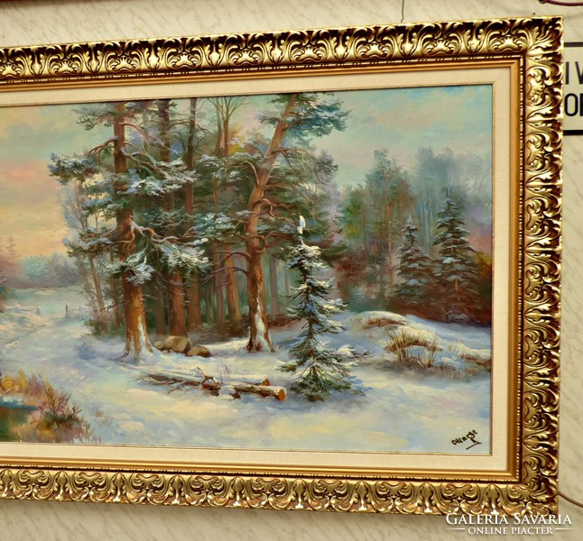 Czinege Zsolt nagymérető téli tájkép 103x182 cm. Gyönyörű olajfestmény