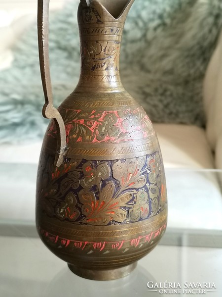 Indian, hammered, painted copper jug 18 cm