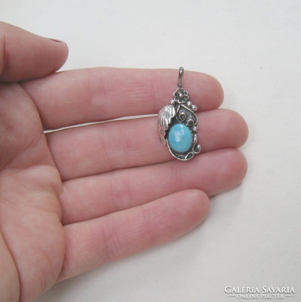 Beautiful antique silver navajo pendant with turquoise, unique piece