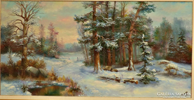 Czinege Zsolt nagymérető téli tájkép 103x182 cm. Gyönyörű olajfestmény