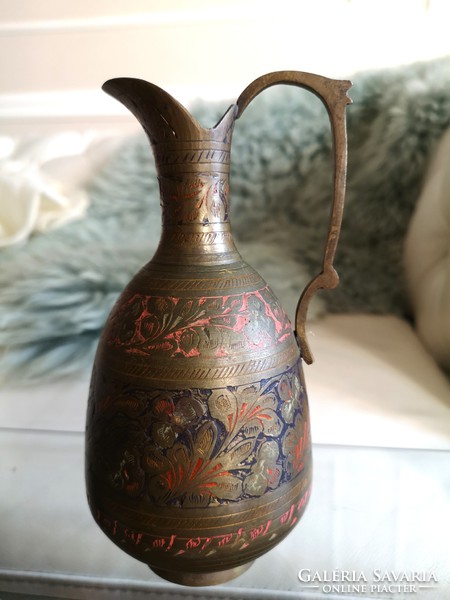 Indian, hammered, painted copper jug 18 cm