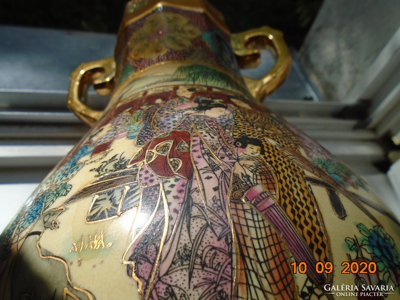 Opulent embossed gold enamel and gold brocade pattern multi-figure marked heavy Chinese vase 36 cm