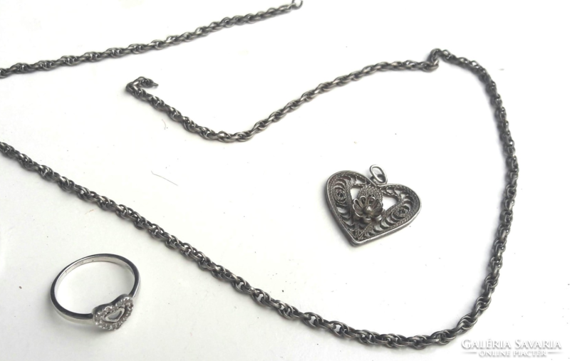 Silver necklace, heart pendant and silver ring, marked