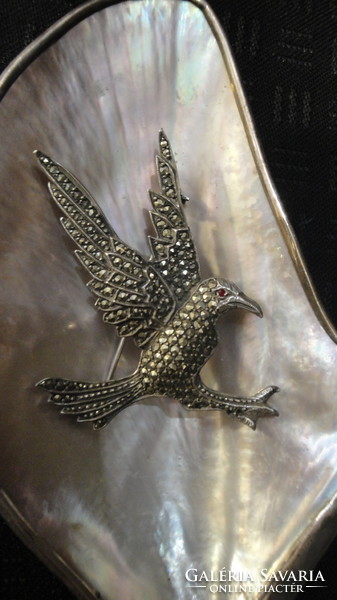 Silver bird brooch with marcasite stones, 1960s