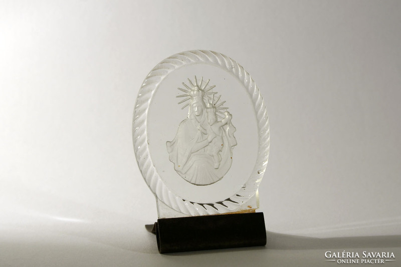 Polished glass image of Mary with the child Jesus 6.5x4,5cm glass ornament Eucharistic Congress