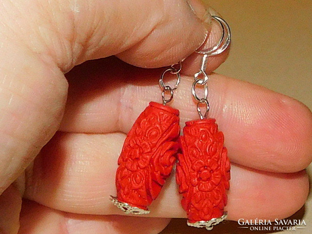 Carved cinnabar rose earrings