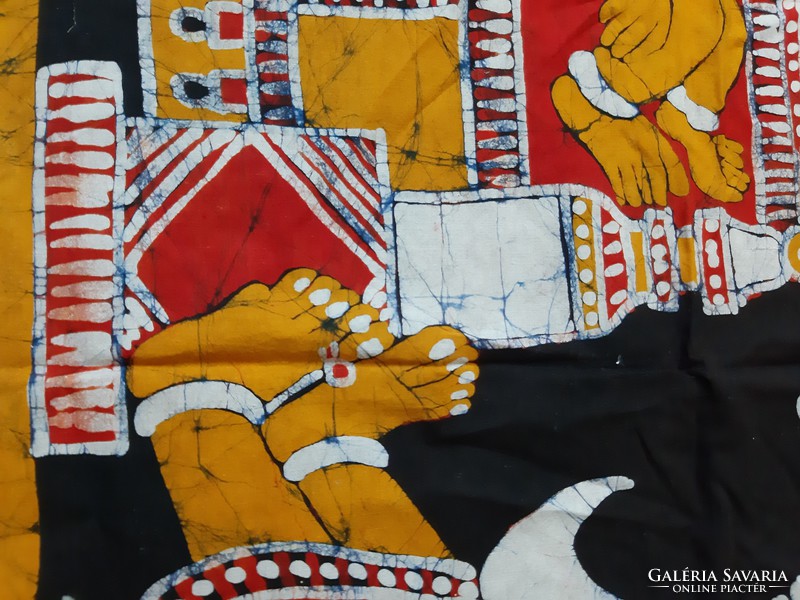 Batikolt vászon indiai életkép, sárga fekete piros tónusú terítő falikárpit textilkép