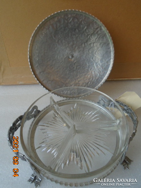 Szecessziós antik üveg betétes  tároló vagy kínáló edény ca 1950 évek masszív ez még munka volt