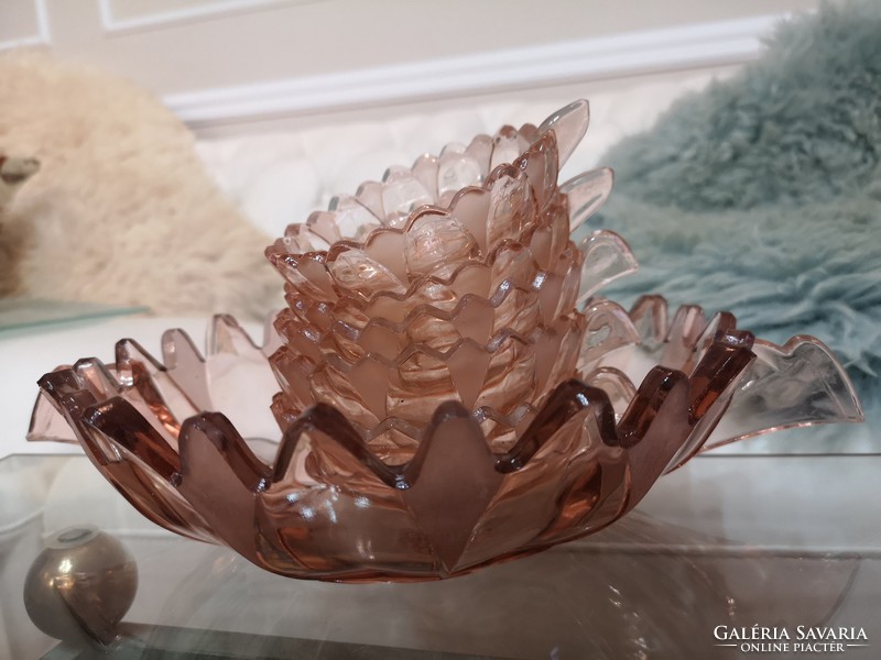 Antique, iced tea color, art deco, cast glass serving bowl with 5 bowls, pink old