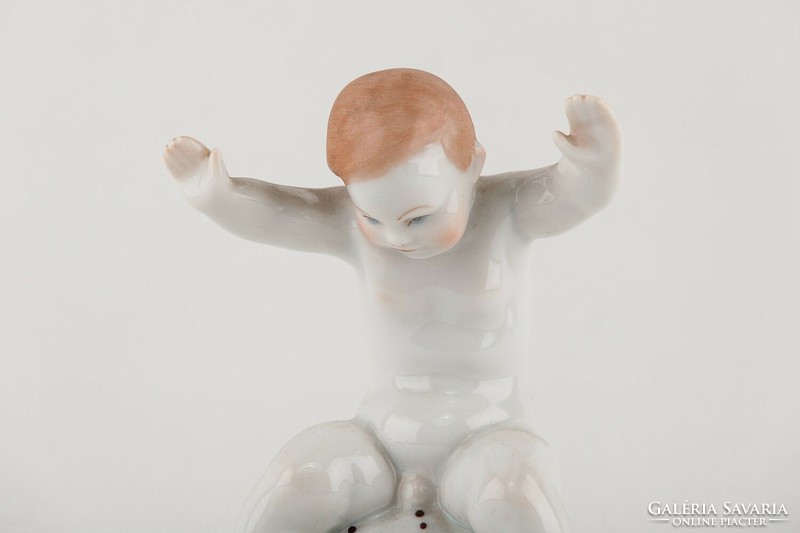 Herend, giant snail riding a putto little boy 18 cm hand-painted porcelain figurine, flawless! (P131)