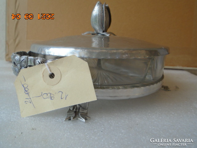 Szecessziós antik üveg betétes  tároló vagy kínáló edény ca 1950 évek masszív ez még munka volt
