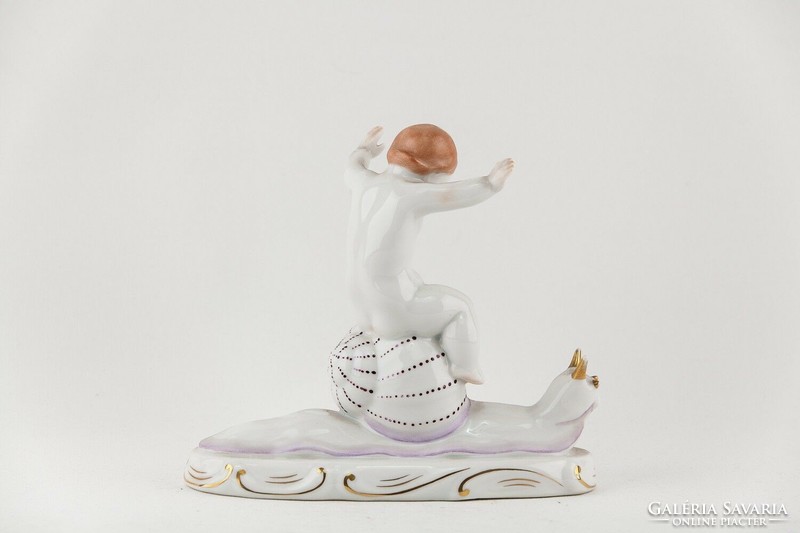Herend, giant snail riding a putto little boy 18 cm hand-painted porcelain figurine, flawless! (P131)