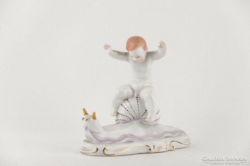 Herend, giant snail riding a putto little boy 18 cm hand-painted porcelain figurine, flawless! (P131)